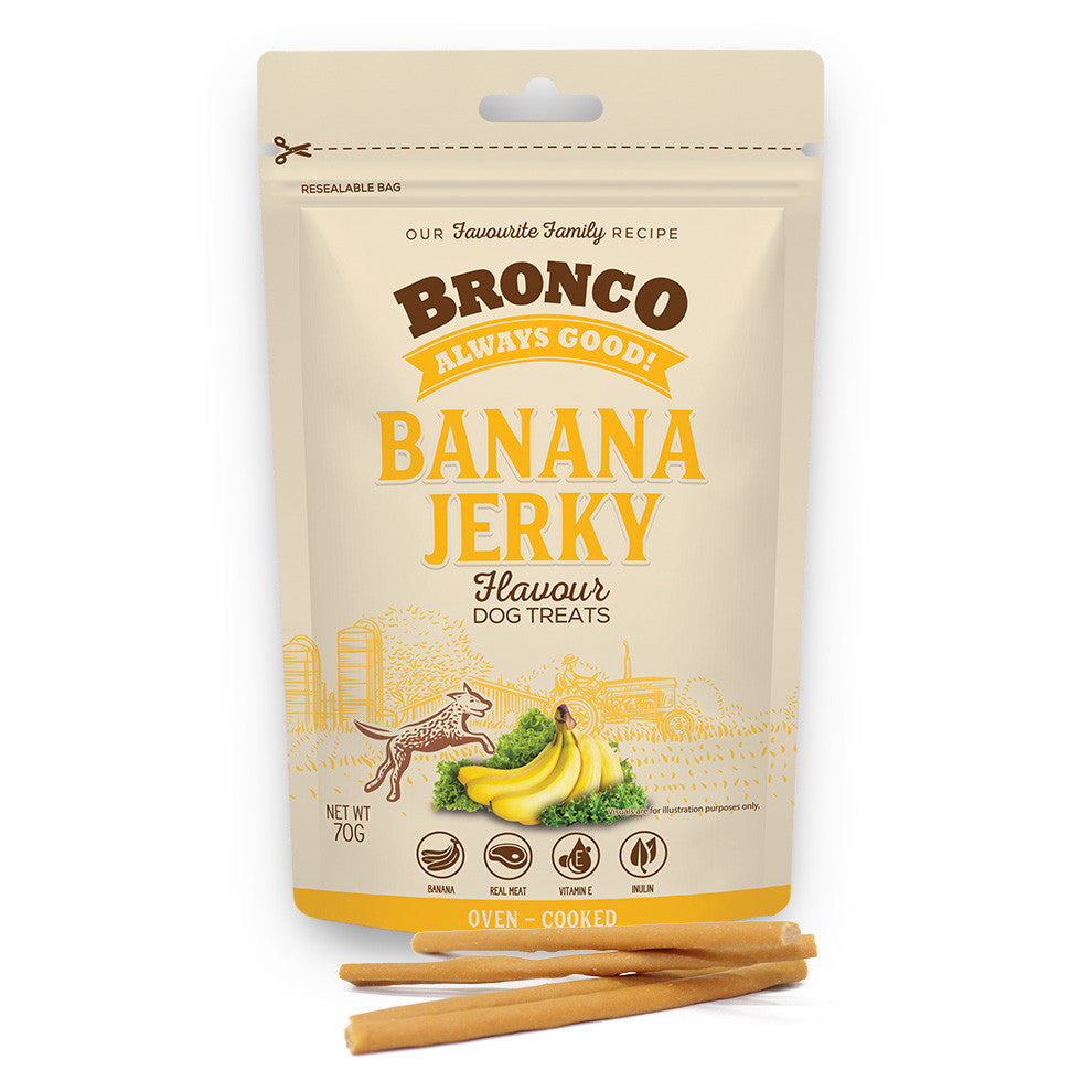 4 FOR $11: Bronco Jerky Dog Treats 70g - Beef, Blueberry, Melon, Salmon, Banana, Milk