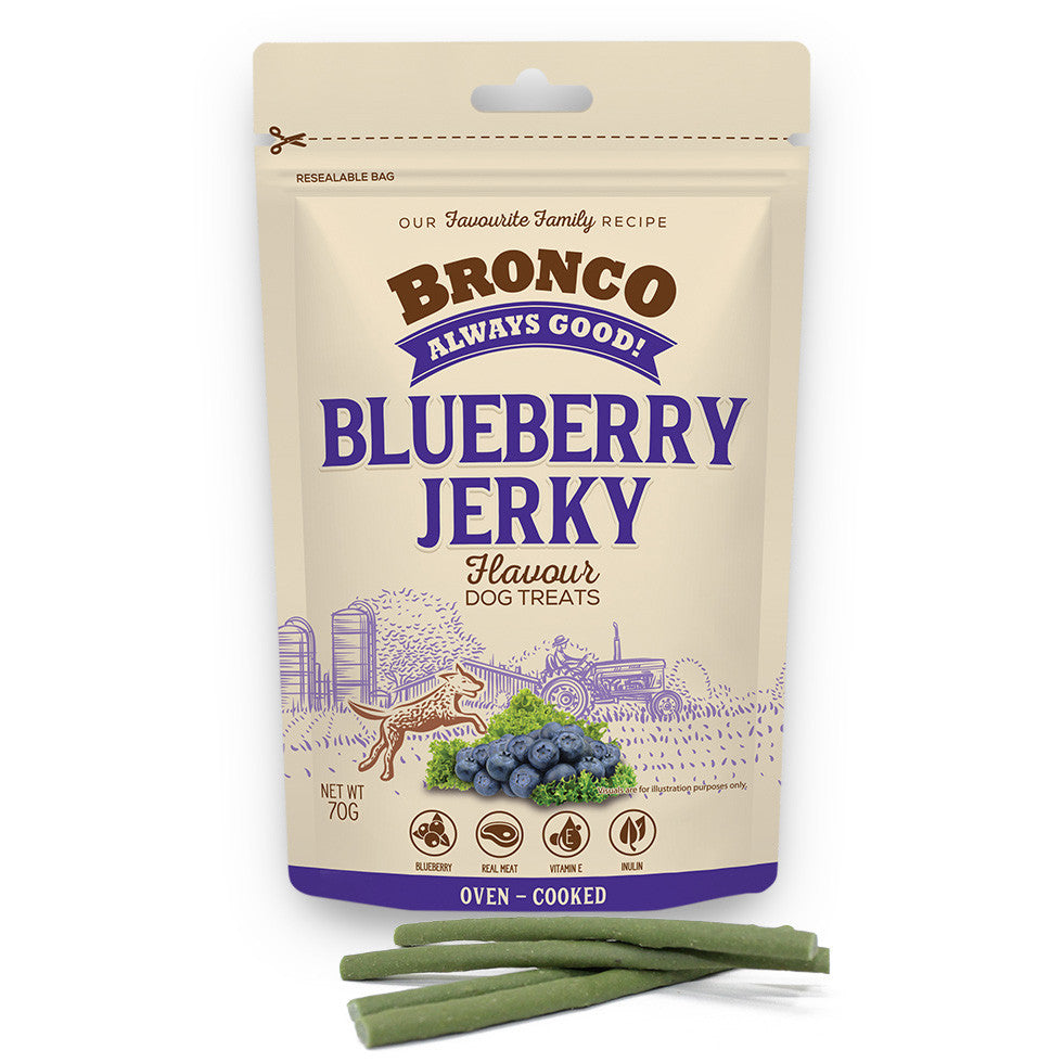 4 FOR $11: Bronco Jerky Dog Treats 70g - Beef, Blueberry, Melon, Salmon, Banana, Milk