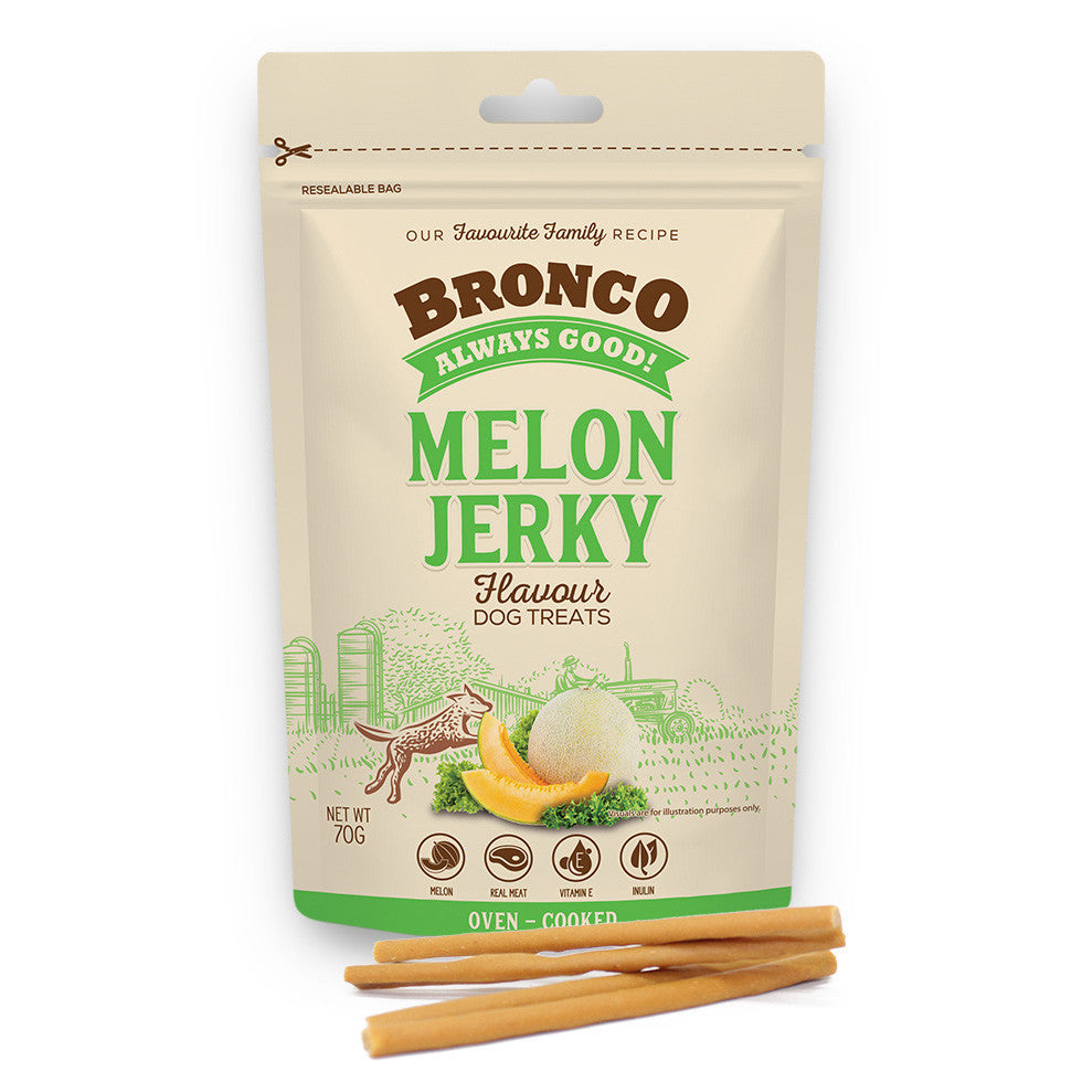 4 FOR $11: Bronco Jerky Dog Treats 70g - Beef, Blueberry, Melon, Salmon, Banana, Milk