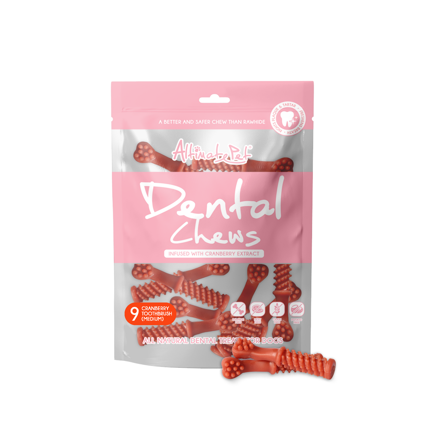 Altimate Pet Cranberry Toothbrush Medium Dental Dog Treats 9pcs