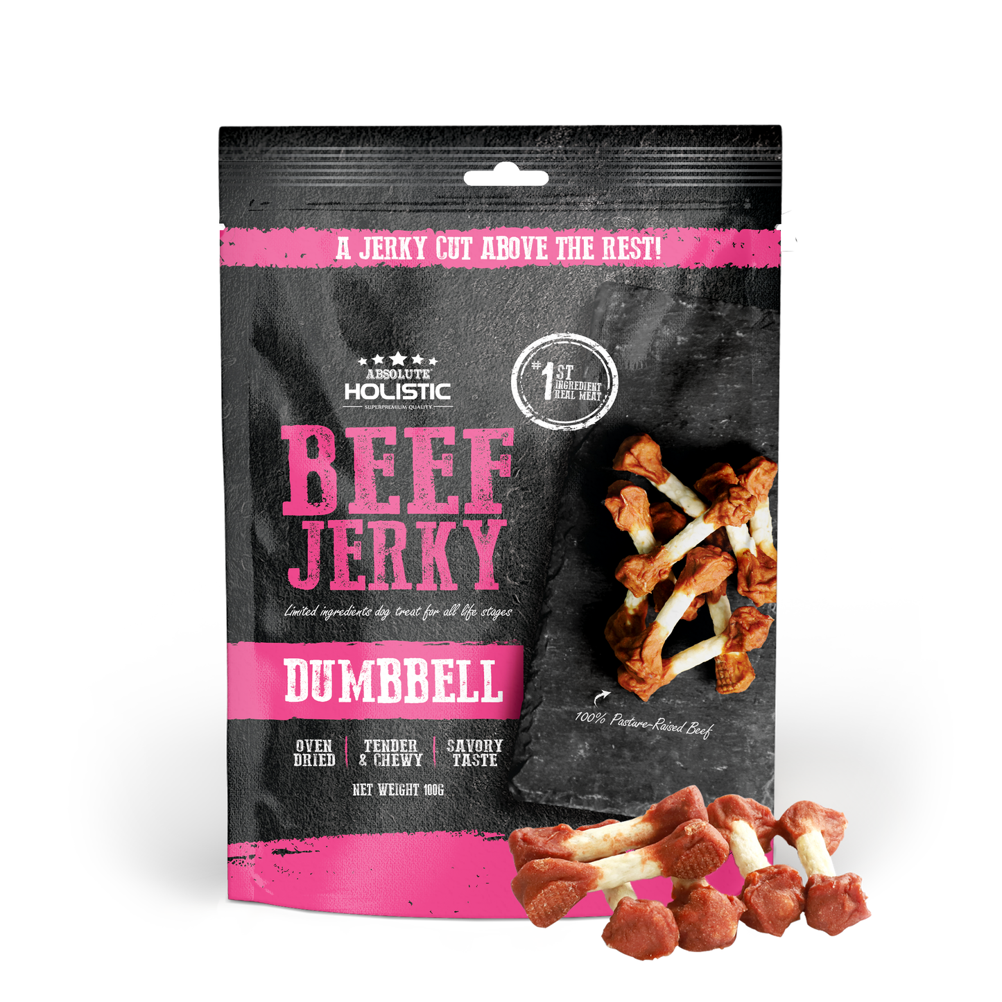 Absolute Holistic Beef Jerky Dumbbell Dog Treats 100g