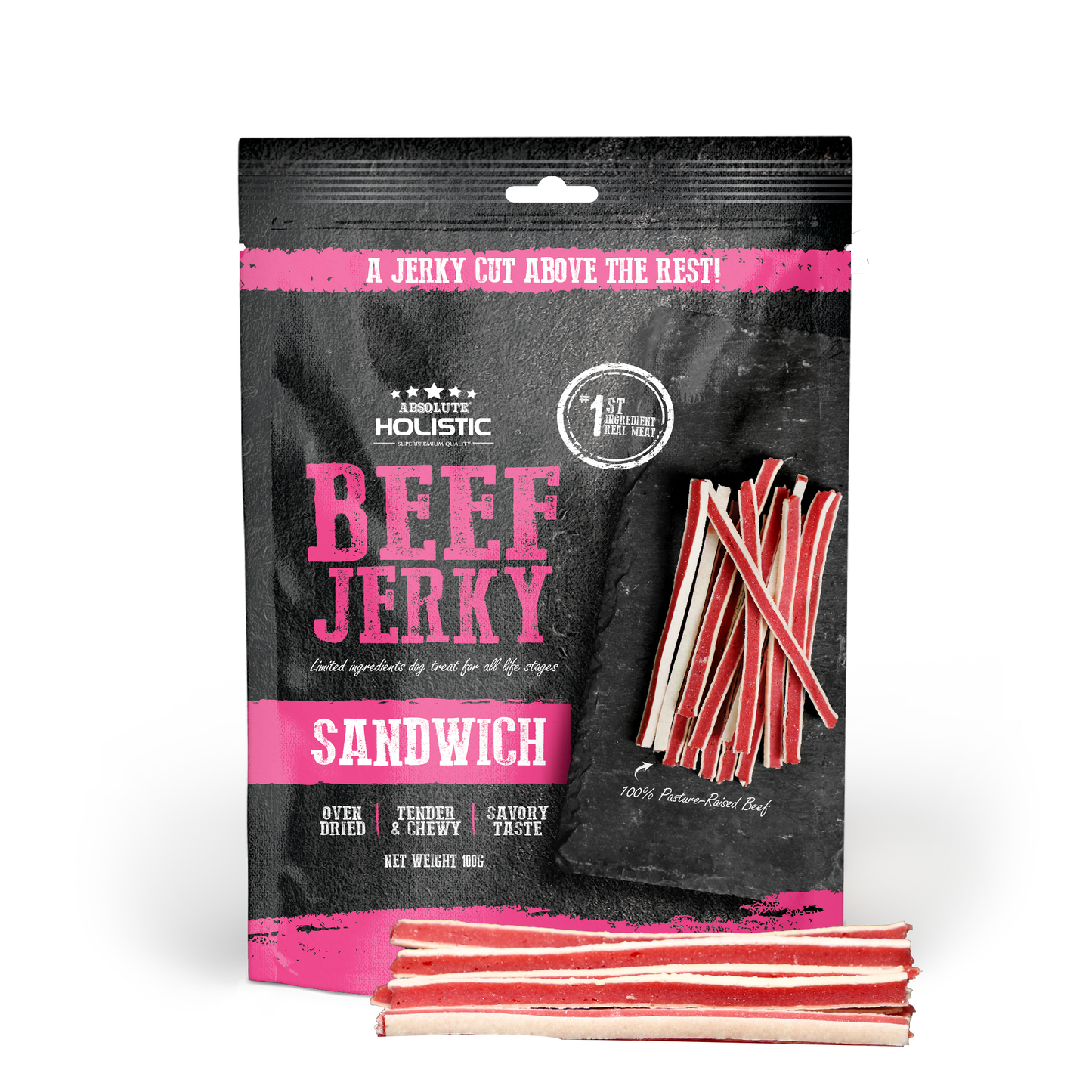 Absolute Holistic Beef Jerky Sandwich Dog Treats 100g
