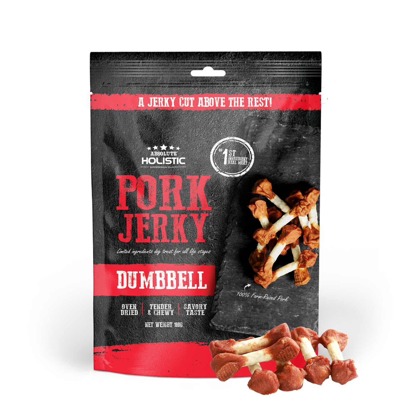Absolute Holistic Pork Jerky Dumbbell Dog Treats 100g