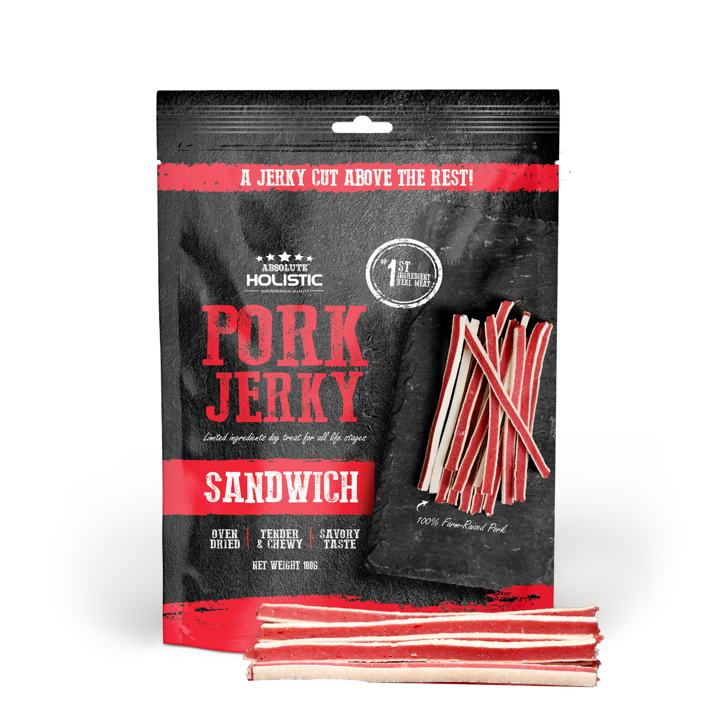 Absolute Holistic Pork Jerky Sandwich Dog Treats 100g