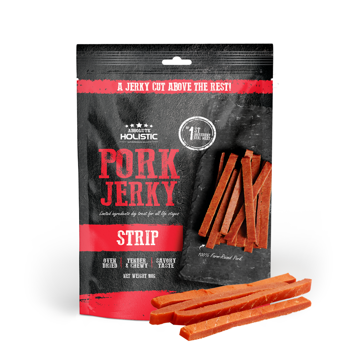 Absolute Holistic Pork Jerky Strip Dog Treats 100g