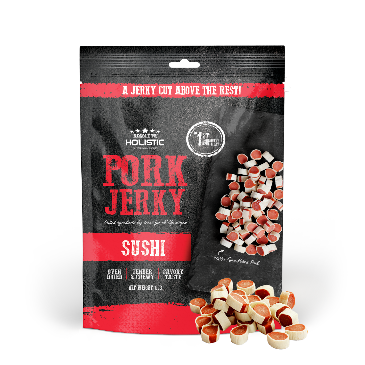 Absolute Holistic Pork Jerky Sushi Dog Treats 100g