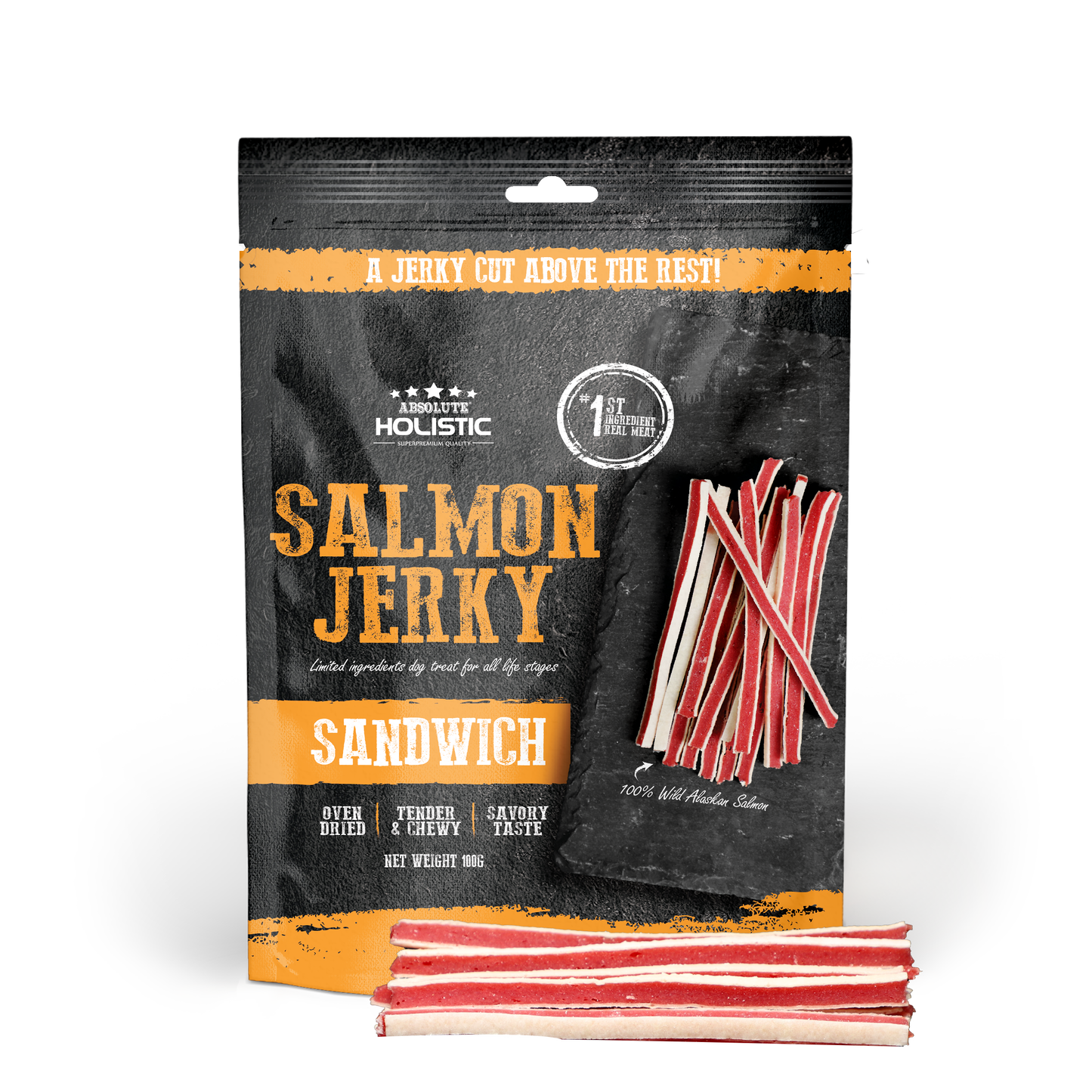 Absolute Holistic Salmon Jerky Sandwich Dog Treats 100g