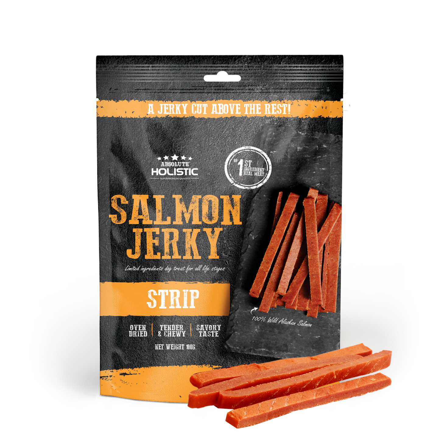 Absolute Holistic Salmon Jerky Strip Dog Treats 100g