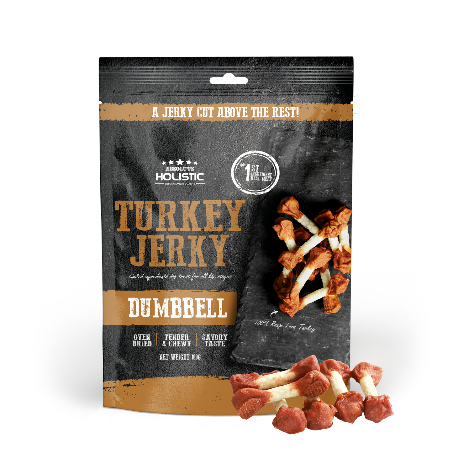 Absolute Holistic Turkey Jerky Dumbbell Dog Treats 100g
