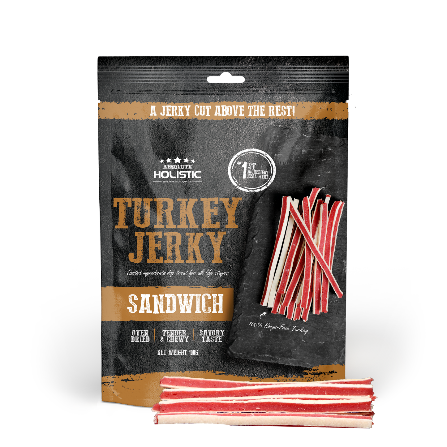 Absolute Holistic Turkey Jerky Sandwich Dog Treats 100g