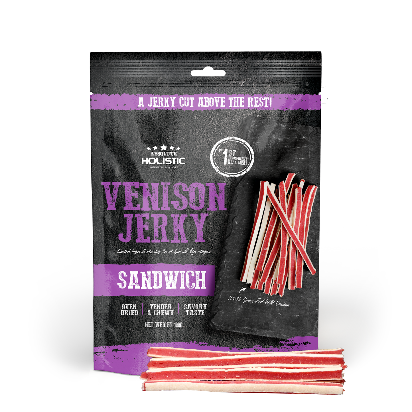 Absolute Holistic Venison Jerky Sandwich Dog Treats 100g