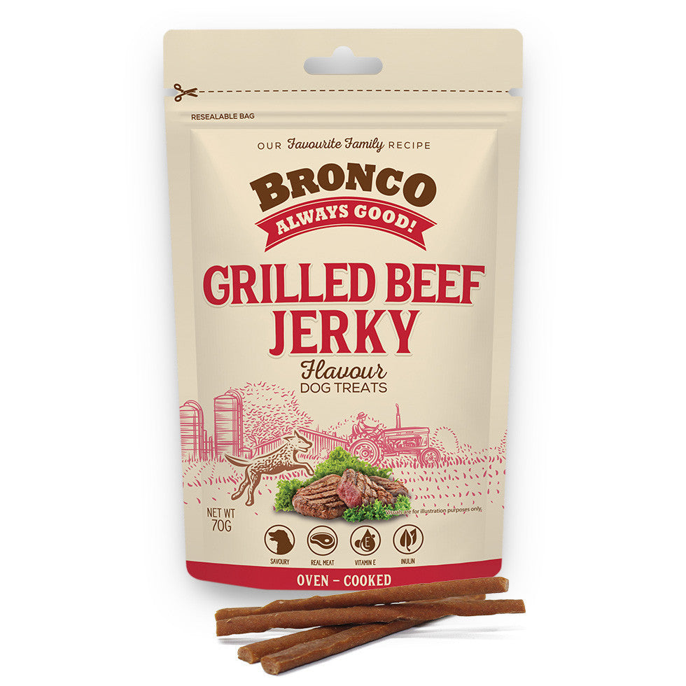 4 FOR $11: Bronco Jerky Dog Treats 70g - Beef, Blueberry, Melon, Salmon, Banana, Milk