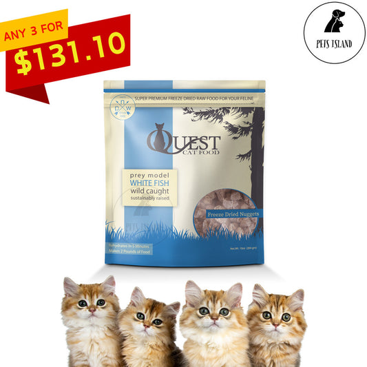 3 FOR $131.10: Quest Prey Model Diet Freeze Dried Raw Cat Food White Fish 10oz