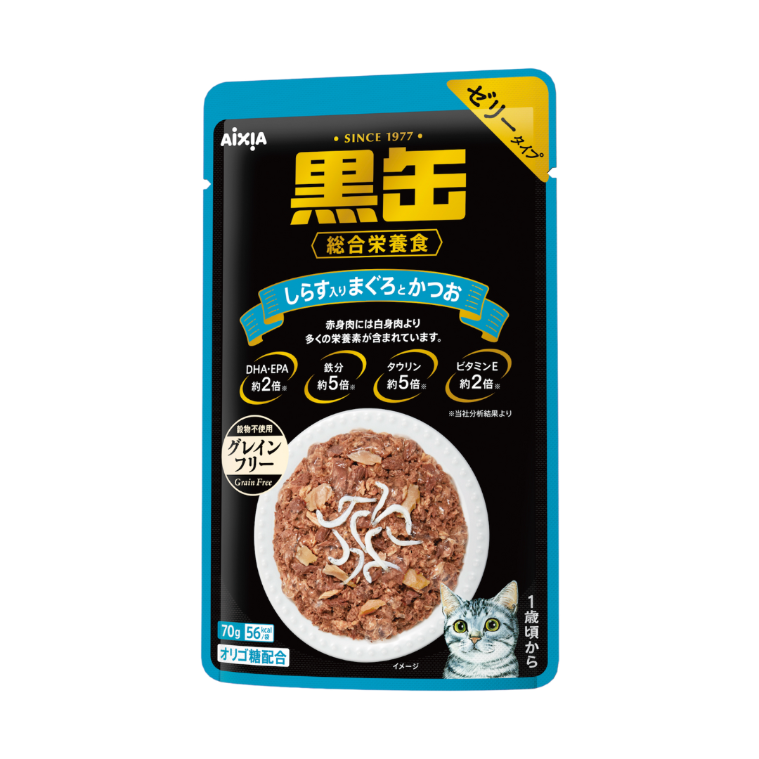 Aixia Kuro-Can Tuna & Skipjack With Whitebait Adult Pouch Cat Food 70g x 12