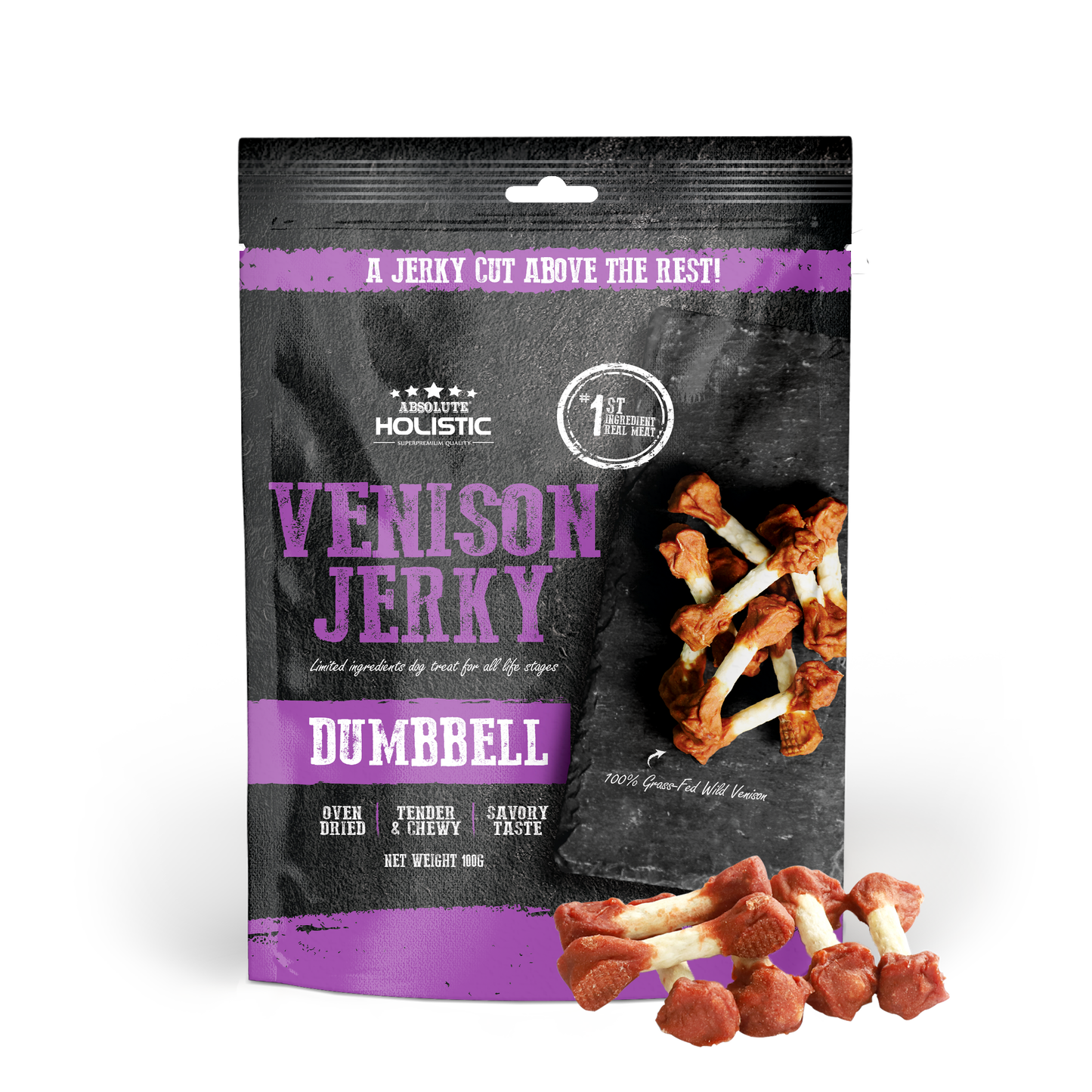 Absolute Holistic Venison Jerky Dumbbell Dog Treats 100g