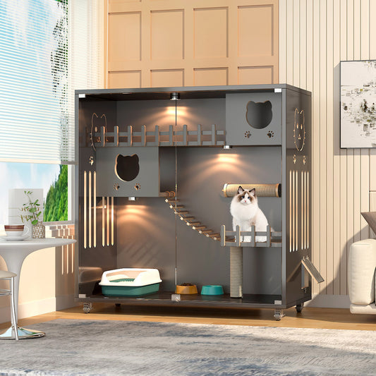 FREE INSTALLATION (Only till 27th May):Luxury Cat Villa Double Deck Pet Wooden House Cage Spacious Indoor Nest Cat Condo